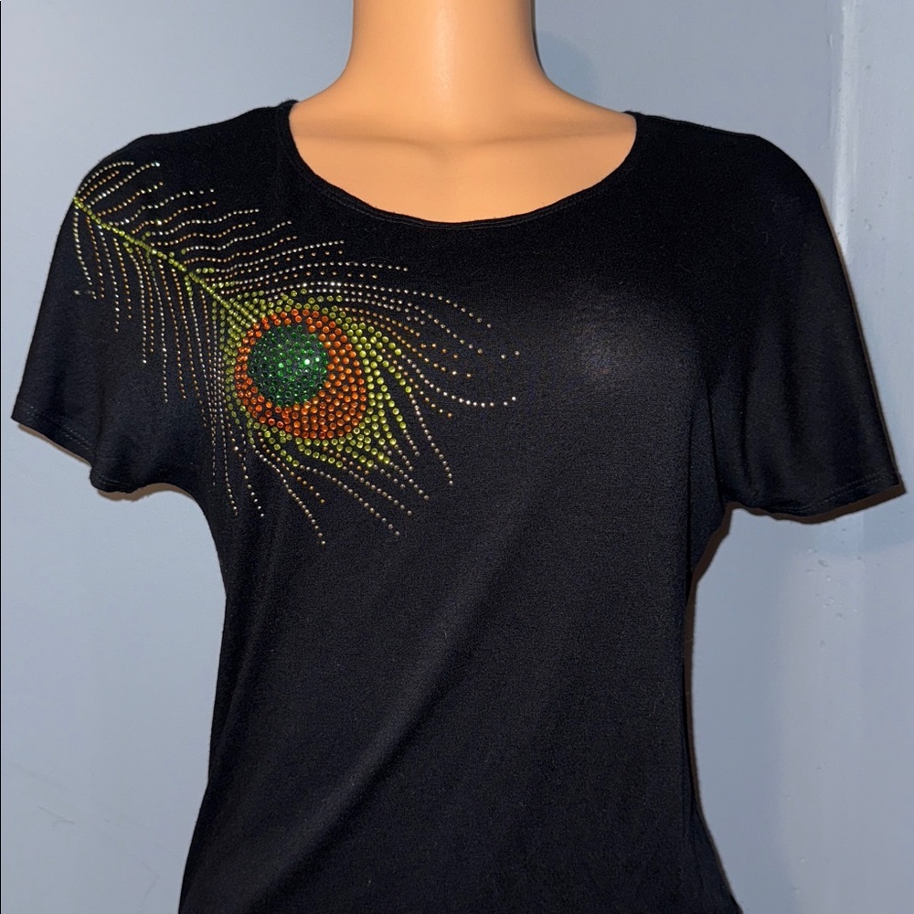 Yelbrey Black Rhinestone Peacock Feather Ruched Mini Dress | Size Medium - Picture 3 of 9